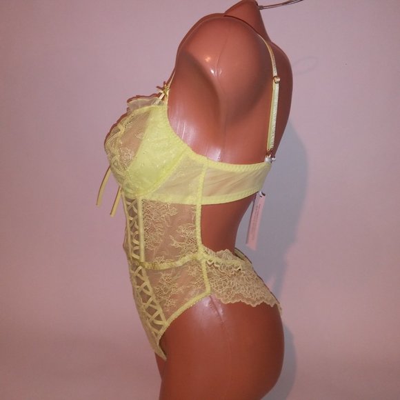 Victoria Secret Lingerie Teddy One Piece Bodysuit Yellow Wicked Lace Fairy Cotta - Picture 14 of 16